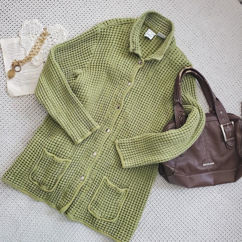 Roamans green waffle knit 100% cotton button up cardigan/jacket